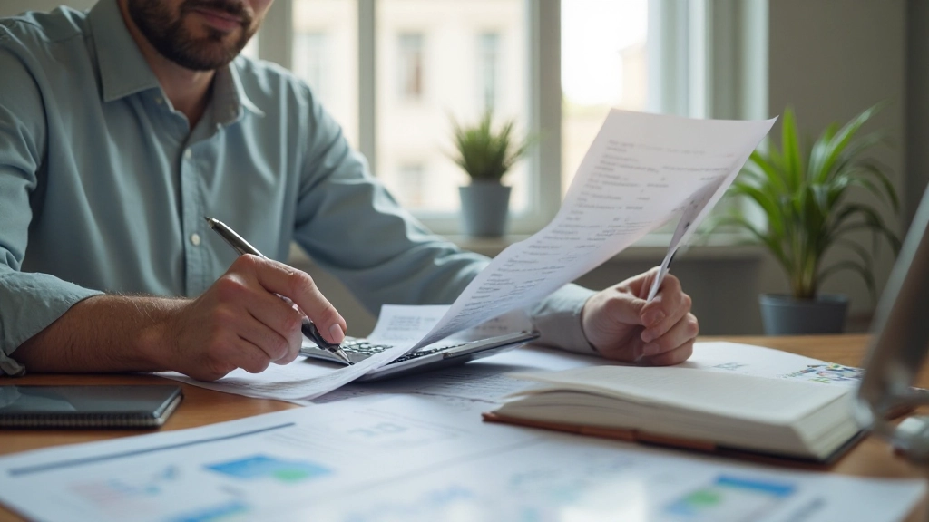 Человек анализирует домашний бюджет с помощью таблицы и калькулятора