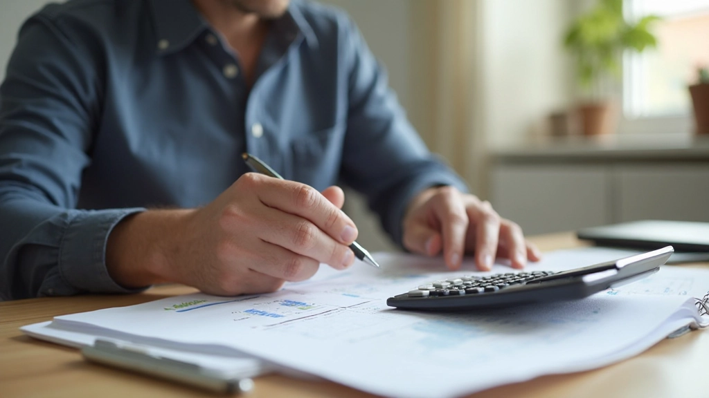Человек использует калькулятор и блокнот для управления семейным бюджетом