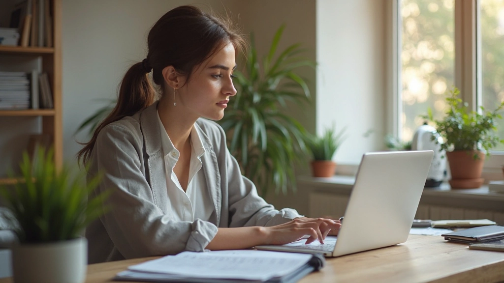 Молодая женщина работает над долгосрочным финансовым планом на компьютере